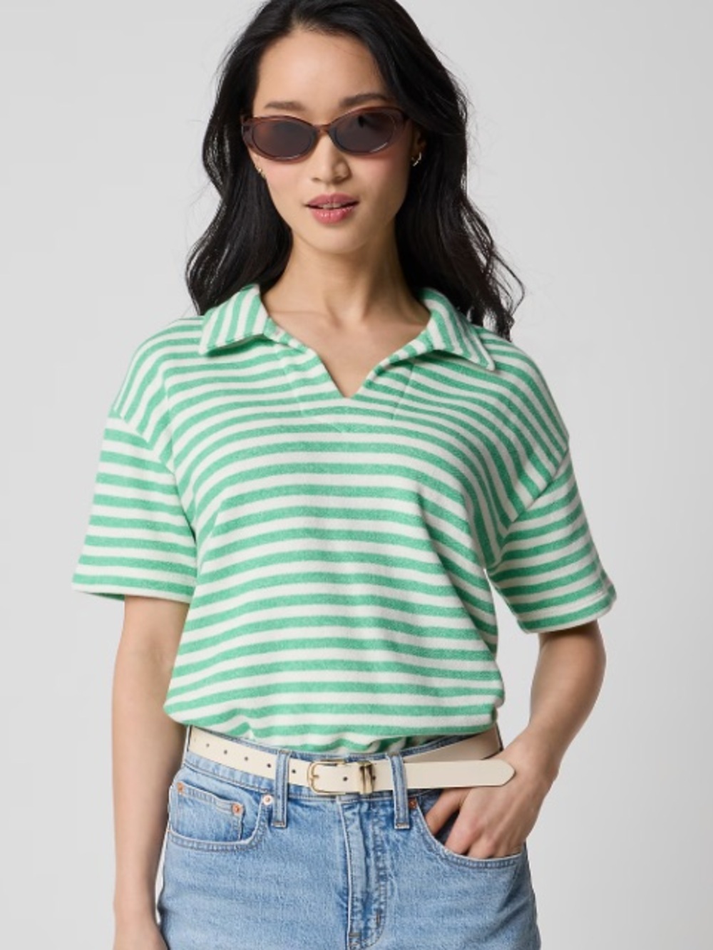 J crew ivory summer green Striped short-sleeve terry polo sweatshirt